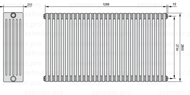 Схема (чертеж) Радиатор Zehnder Charleston 6280/28 №7610 Белый глянцевый RAL 9016